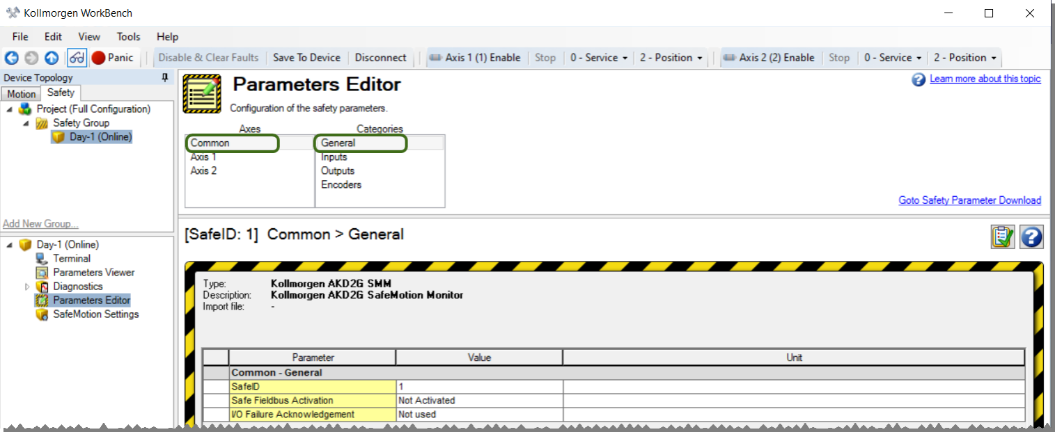 The Safety Parameters tab with the Common and General options selected showing the Safe ID 1 section below.